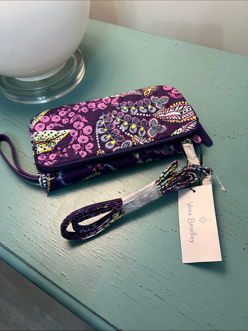 Vera Bradley Retired Batik Leaves Zip Wristlet with Crossbody Strap